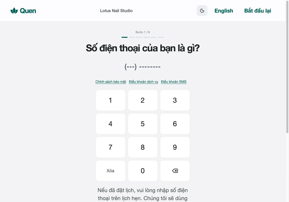 Quen customer phone number keypad, actual application screenshot