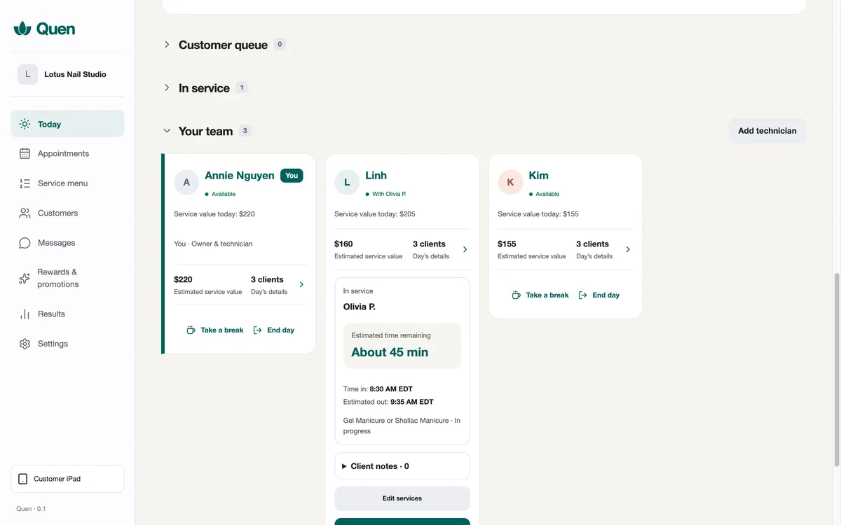 Quen owner dashboard, actual application screenshot