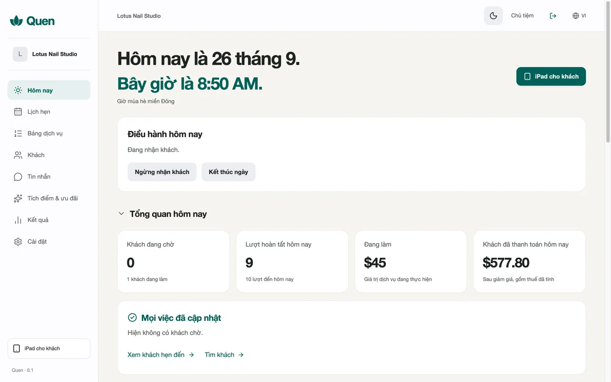 Quen owner dashboard, actual application screenshot