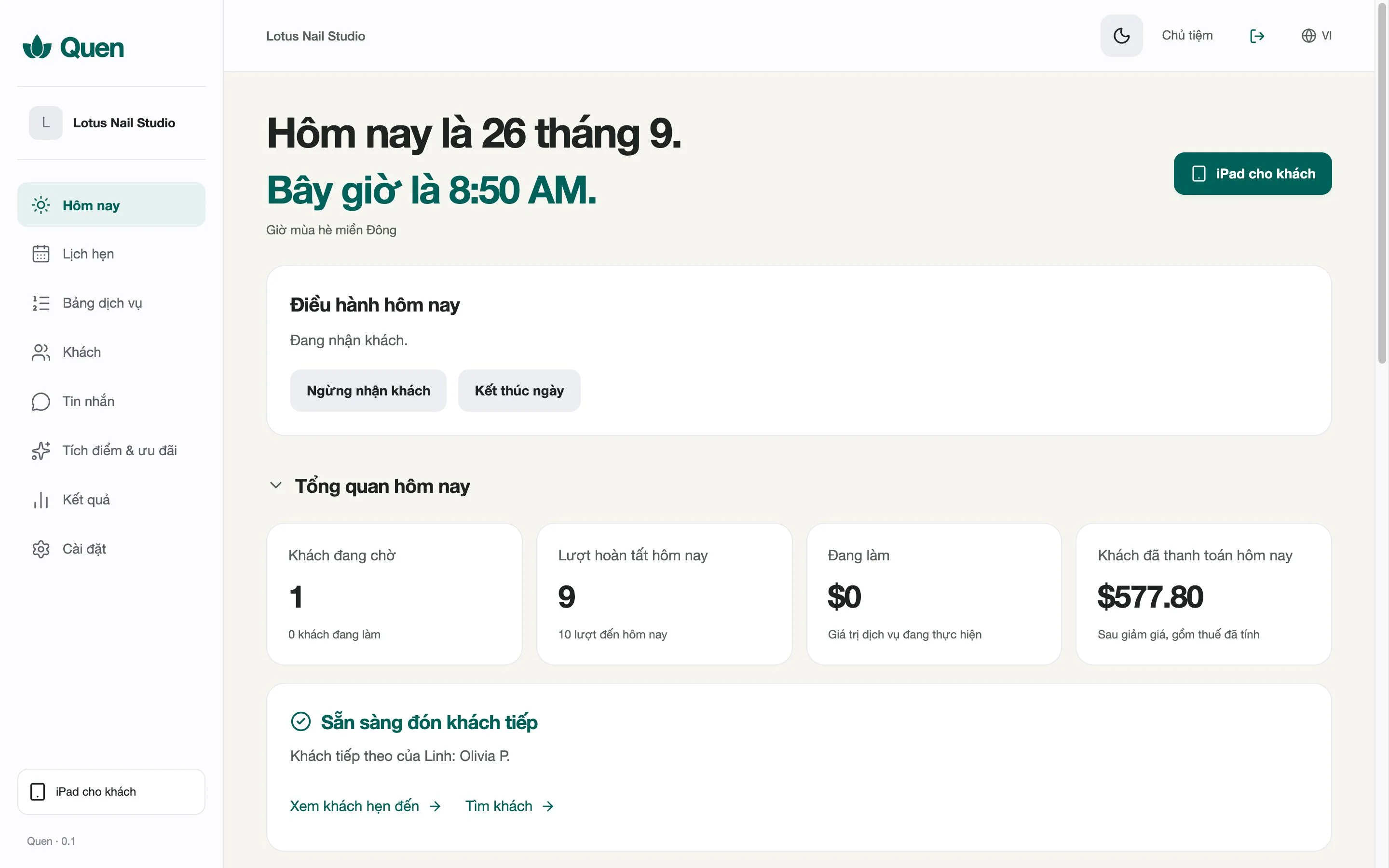 Actual Quen owner dashboard showing the queue and service totals