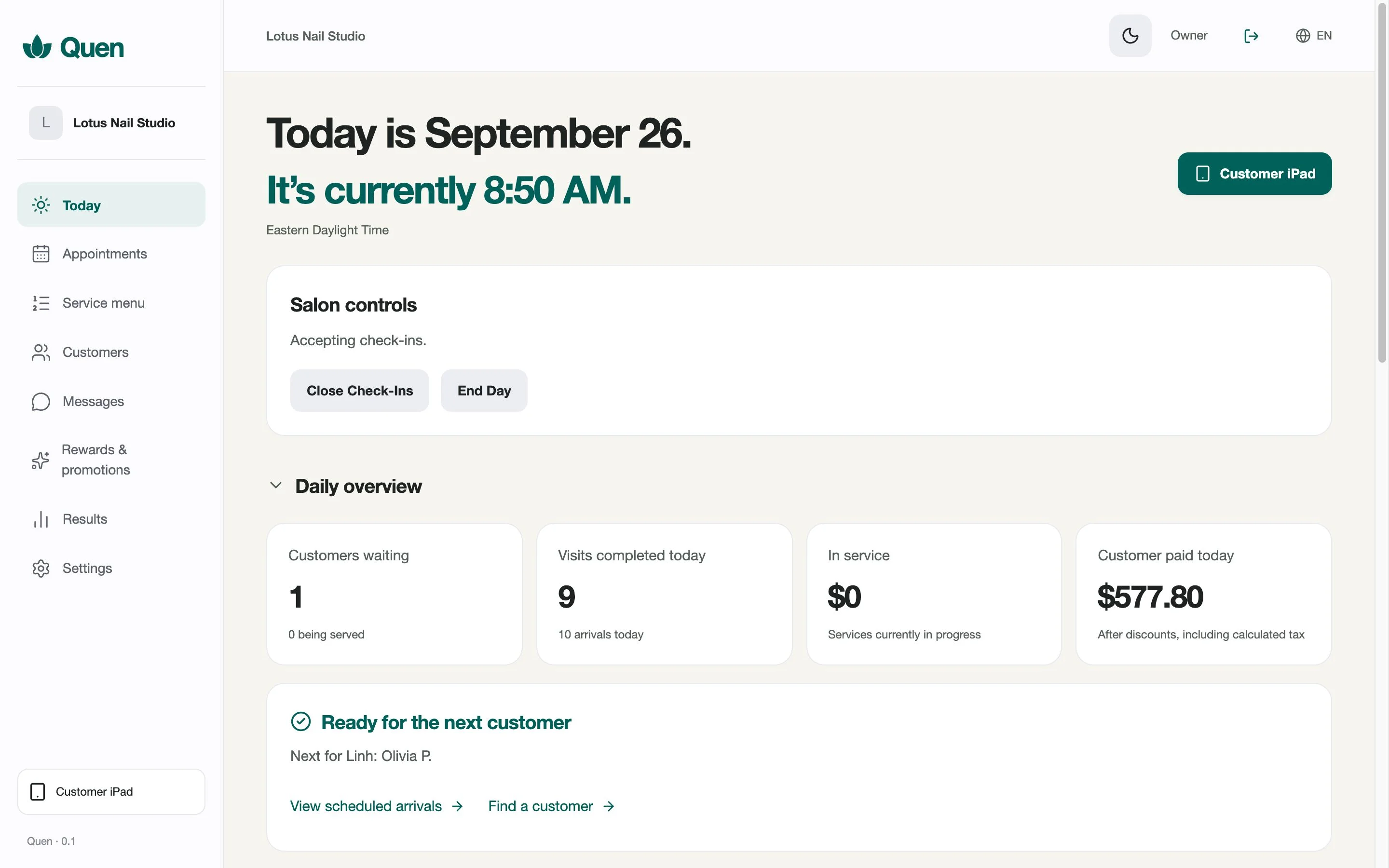 Actual Quen owner dashboard showing the queue and service totals