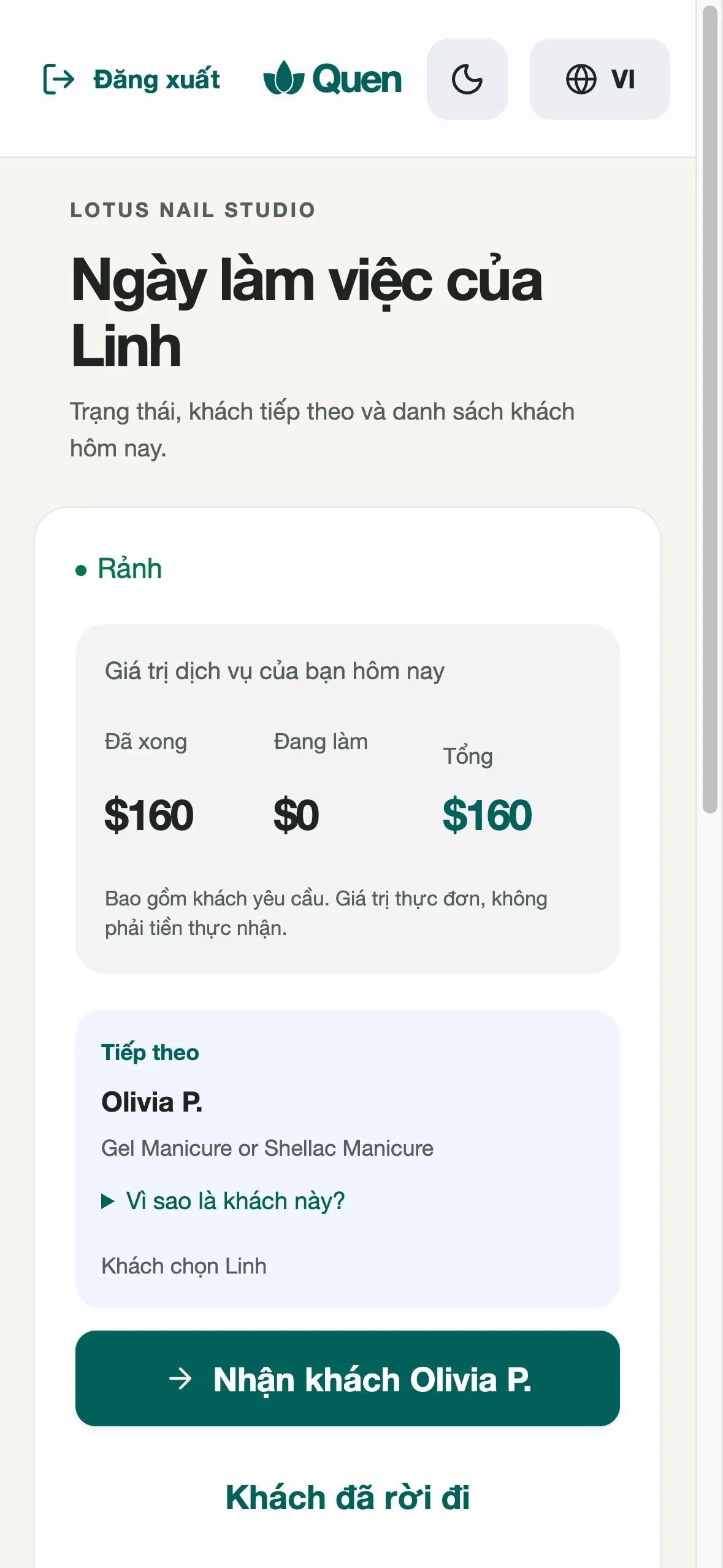 Actual Quen technician screen showing Linh’s next client and service values