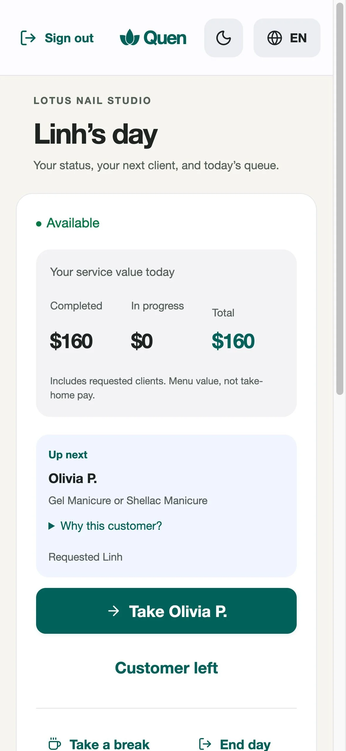 Actual Quen technician screen showing Linh’s next client and service values